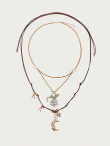 Collar multicapa vintage ocultista para mujer, cadena dorada de clavícula con sol, luna y estrella, accesorio elegante y minimalista de color oro - Multicolor - Ver 6