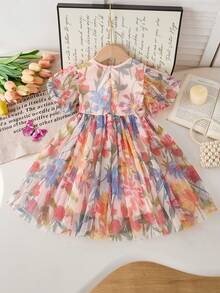 Vestido de princesa con mangas de pétalos florales franceses, vestido de fiesta de malla de manga corta para niñas en verano, conjunto de regalo de cumpleaños para niñas jóvenes - Rosa - Ver 2