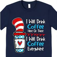 2026 SUMMER TopWhimsical 'I Will Drink Coffee Everywhere' Graphic Tee   Cat In The Hat Inspired Coffee Cup Design   Soft Black Short Sleeve Cotton T Shirt For Men & Women   S XXXLLoose And Comfortableshirt - 藏青色 - 查看 4