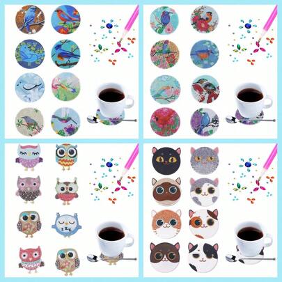 8pcs Diamond Painting Coaster Set, Bird, Owl, Cat Patterns, Wooden Material With Partial Crystal Gem Decor, Suitable For Home Party, Tabletop Cup Anti-Slip