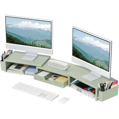 Desk Organizers And Accessories, Dual Monitor Stand Riser With Drawer And 2 Pen Holders, Desk Shelf Metal Computer Monitor Stand Office Workspace Organizers, Desktop Organization (Green Metal)