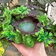 Resin Moss Rock Water Dish Ornament, Simulation Mossy Rock Basin Decor With Artificial Plants, Reptile Terrarium Water Bowl Landscape Decoration For Lizard Gecko - A - View 12