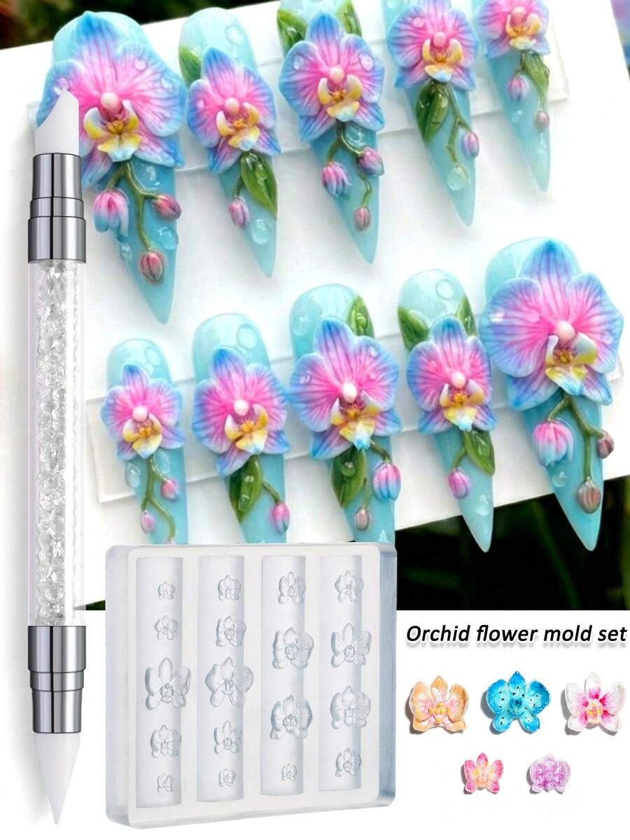 Butterfly Orchid & Lily Silicone Nail Art Mold, 3D Flower Nail Decoration Mold With Carving Pen, Transparent Modeling Template For Hibiscus & Cherry Blossom Design, Suitable For Spring/Summer Resin & Epoxy Professional Supplies - Clear - View 1