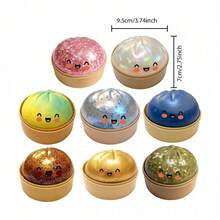 Cute Pink Glitter Steamed Bun Squishy With Beige Steamer Case, Kawaii Slow Rising Soft Squeeze Toy, Stress Relief Sensory Fidget Squishies For Kids' Play & Relaxation - 藍色閃光 - 查看 2