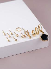 镀金耳骨夹和耳钉套装，饰有四叶草吊坠 – 12 件套女士多孔耳饰，包含耳环和立方氧化锆耳环，独特礼物 - 金黃色 - 查看 3