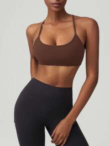 Sujetador deportivo para mujer con tirantes, resistente a los golpes, para entrenamiento atlético, actividad física, gimnasio, yoga, con almohadillas en el pecho, apto para todas las estaciones - Café integral - Ver 3