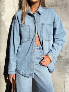 2026 Women Denim Shirts Oversized Long Sleeve Button Down Blouse Distresse Jean Jacket Spring Outfits - màu xanh da trời - Xem 1
