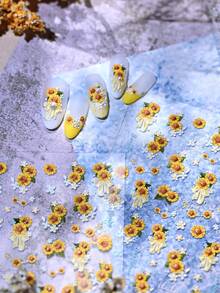 1/2pcs 3D Embossed Gold Sunflower & Bow Nail Art Stickers, Nail Salon Design Decor, DIY Nail Art Supplies - Multicolor - View 4