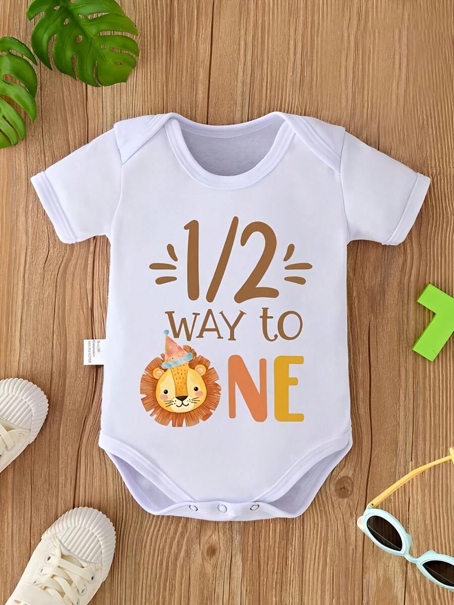 1/2 Way To One Letter Cute Lion Print Baby Romper Newborn Climbing Suit Jumpsuit Soft And Comfortable Pregnancy Gift, For Outdoor - 白色 - 查看 1