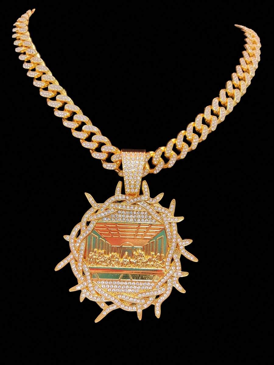 1 mặt dây chuyền hình Bữa Tiệc Ly Cuối Cùng kèm 1 dây chuyền Cuban đính đá, mặt dây chuyền phong cách Hip Hop Punk dành cho nam, trang sức retro thời trang, phù hợp đeo hàng ngày, 2 lựa chọn dây chuyền. - Vàng - Xem 1