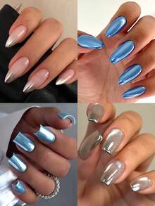 4pcs Blue Magic Mirror Nail Powder - Silver, Blue Mirror Metallic Holographic Nail Powder, Y2K Spring/Summer Captivating Nail Art Decor, Nail Salon Supplies, DIY Nail Products - Multicolor - View 8