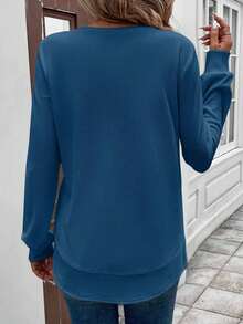 Crew  Blue Neck Waffle Knit Long Sleeve Top For Women, Asymmetrical Hem Casual Comfy Basic Tee, Soft Summer Daily Outfit - 藍色 - 查看 2