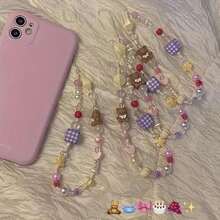 Adorable Bear-Themed Beaded Phone Chain With A Unique Design, Featuring A Girly Heart And Plaid Pattern, Perfect For Hanging Your Phone, Camera - Multicolor - View 3