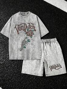 Pure Cotton Washed T Shirt And Shorts Set Vonn Dutch Rose And Skull Print Soft Comfortable Perfect For Daily Outfits Outdoor Activities Fitness And Travel Resistant To Dirt Easy To Clean Easy To Put On And Take Off Fashionable Versatile Ideal Gift For Relatives And Friends High End Texture - 灰色 - 查看 1