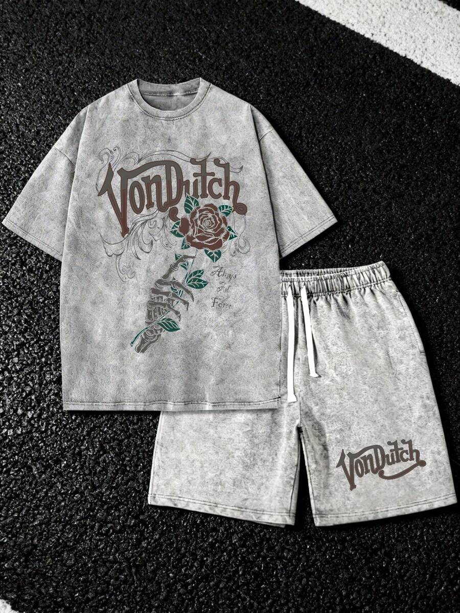 Pure Cotton Washed T Shirt And Shorts Set Vonn Dutch Rose And Skull Print Soft Comfortable Perfect For Daily Outfits Outdoor Activities Fitness And Travel Resistant To Dirt Easy To Clean Easy To Put On And Take Off Fashionable Versatile Ideal Gift For Relatives And Friends High End Texture - 灰色 - 查看 1