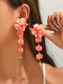 1 par de pendientes de gota negros con borlas largas y florales de lujo, adecuados para el uso diario y las vacaciones en la playa de las mujeres - Negro - Ver 2