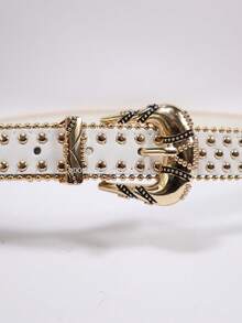 Women's Western Belt 2.8cm With Gold Studs And Vintage Buckle - trắng - Xem 2