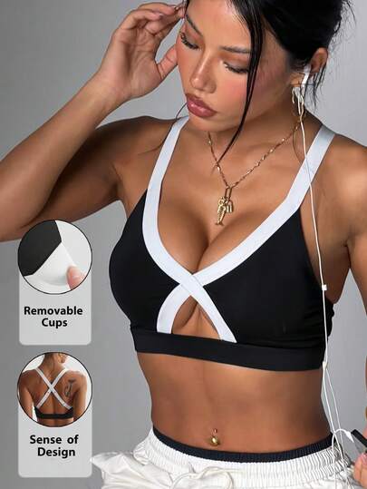女士纯色可拆卸衬垫交叉后背运动针织文胸