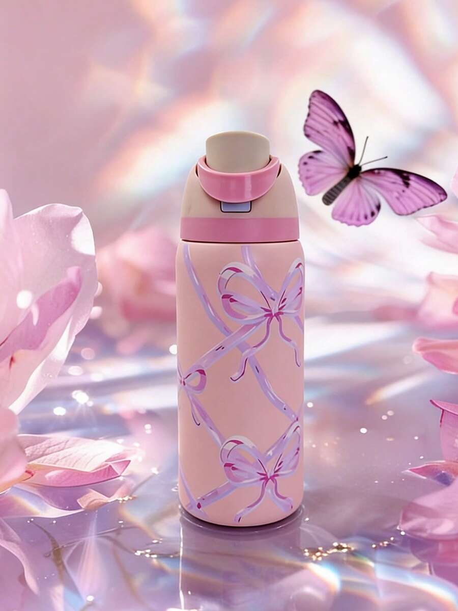 OwaIa(Sugar Fairy)Outdoor Sports Bottle,32oz/945ml Double Wall Vacuum Insulated Outdoor Cycling Water Bottle,Stainless Steel Heat Resistant Ice Water Cup With Straw,Can Keep Hot Or Cold Drinks Hot For 8-12 Hours,100% Leak Proof Outdoor Hiking Water Bottle,One Hand Press Open Lid,Capable Of Holding Frozen Beverages.Exquisite Appearance,Meticulous Workmanship,Suitable For Outdoor Camping,Mountaineering,Gym,Cycling And Travel - 粉紅色蝴蝶 - 查看 1