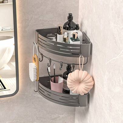 1pc Single-Layer Bathroom Kitchen Storage Rack, Drill-Free Space Aluminum Wall-Mounted Triangle Basket, Bathroom Shower Hanging Shelf