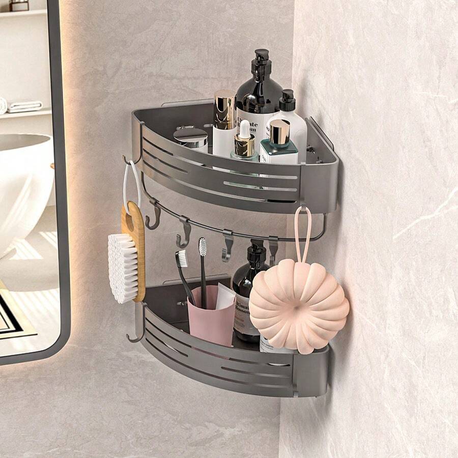 单层浴室厨房收纳架，免钻孔铝制壁挂式三角形置物篮，浴室淋浴挂架 - 單層 - 查看 1