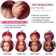 直发蕾丝前假发，真人前额发，30英寸，13x4蕾丝前假发，原生发，200%密度，高清透明，骨直，时尚酒红色，99j混合发假发，预先拔毛漂白，细小发结，女士真蕾丝前假发 - SBUG - 查看 7