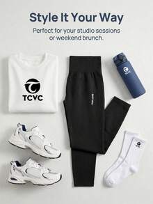 TCVC Koleksi Terbaru Musim Semi/Panas Celana Legging Olahraga Wanita TCVC.GYM Bermotif Tanpa Jahitan dan Elastisitas Tinggi - Hitam - View 5