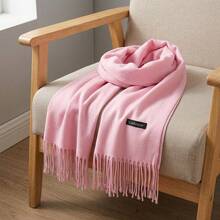 Unisex Solid Color Winter Scarf With Fringe, Classic Style. Long And Thick Faux Cashmere Scarf For Women And Men. Warm And Soft Accessory Ideal For Cold Days. Wind Protection For Daily Use And Leisure. Versatile Piece That Matches Various Autumn And Winter Looks. Available In Several Colors To Complete Your Style With Elegance And Comfort. - 西瓜粉 - 查看 2