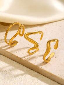 Bộ 3 chiếc nhẫn thép không gỉ mạ vàng 18K hình học bất đối xứng, nhẫn thời trang thanh lịch dành cho nữ, phù hợp đeo hàng ngày, dự tiệc, ngày lễ, hẹn hò, quà tặng trang sức tối giản. - Nhiều màu - Xem 3