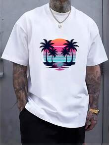 Magliette estive da uomo: T-shirt da uomo con stampa di palme e tramonto tropicale - una maglietta casual a maniche corte in poliestere morbido ed elasticizzato, traspirante, dai colori vivaci, lavabile in lavatrice, vestibilità regolare, adatta per la spiaggia e le attività all'aperto, abbigliamento da spiaggia, t-shirt in cotone, da uomo, t-shirt da uomo, streetwear - Bianco - Visualizzare 7
