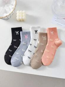 1/5 Pairs Pink & Multi-Color Bow Tie Short Socks, Cute Mid-Calf Socks, Soft & Comfortable, Suitable For Daily Wear, Outdoor Activities, All Seasons Sports, Minimalist & Fun Socks, Holiday Gift, Photo Prop, Pink, Cute - Multicolor - View 2