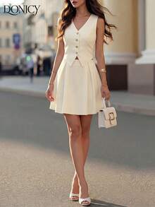 DONICY Đầm nữ màu trắng thanh lịch không tay, cổ chữ V, thắt eo, dáng xòe, chất liệu vải cứng cáp, phù hợp cho cả công sở và mặc thường ngày vào mùa hè. - Màu be - Xem 6