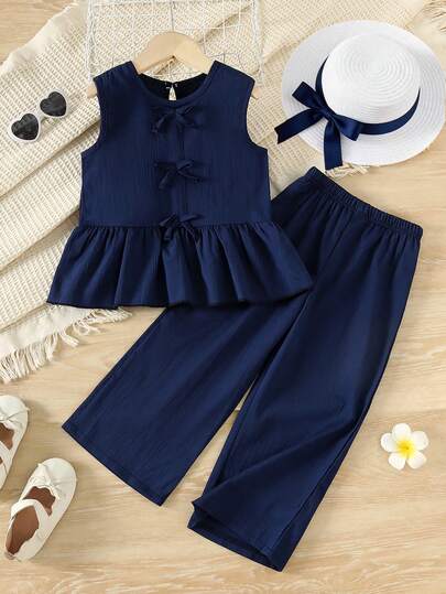 两件套女童纯色休闲无袖上衣和松紧腰裤套装，蝴蝶结装饰，甜美优雅风格，适合户外活动、休闲穿着、派对和节日礼物
