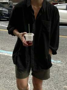 Men's Solid Color Long Sleeve Single-Breasted Pocket Loose Casual Shirt, Autumn - 白色 - 查看 1
