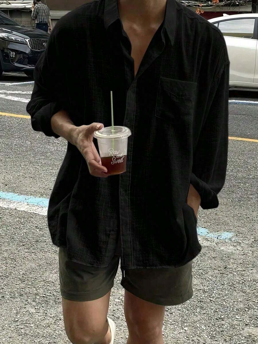 Men's Solid Color Long Sleeve Single-Breasted Pocket Loose Casual Shirt, Autumn - 白色 - 查看 1