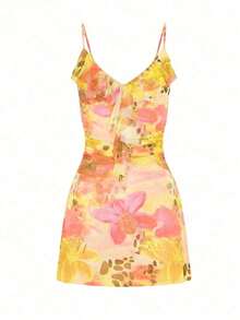 Floral Print Ruffle Trim Cami Mini Casual Vacation Dress Party Summer - 黃花 - 查看 5