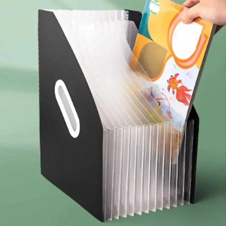 Organizador de archivos portátil y expandible de 1 pieza, contenedor de almacenamiento de suministros de oficina de papel multicapa, clasificación de archivos plegable. - Negro - Ver 1