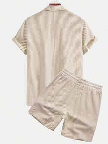 2pcs Men's Casual Bubble Striped Breathable Shirt & Slant Pocket Drawstring Waist Shorts Set, Versatile For Daily Wear & Business, Non-Sweating, Summer Best Seller, Cozy Outfits - Khaki - View 3