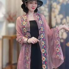 1pc  Elegant    Summer Sheer Organza Embroidered Chinese Cape Shawl With Frog Buttons – Stylish Sun Protection Wrap For Women, Flowy Cover-Up For Photography & Travel - 粉色 - 查看 8
