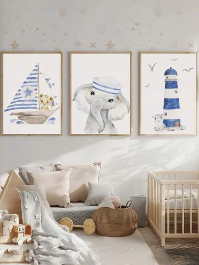 1pc Canvas Wall Art, Framed Nursery Decor, Featuring Ocean Theme For Kids Room Decoration, Includes Wild Animals, Lighthouse And Boat, Suitable For Boys Room, Nursery, Newborn Gift, Children's Room, Preschool, Game Room