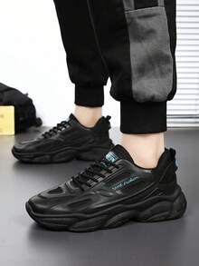 Sepatu Sneakers Chunky Gaya Retro, Patchwork Hitam, Sol Tebal, Peredam Guncangan, Cocok Untuk Lari & Pakaian Kasual, Desain Tali dengan Grafis Huruf - Hitam - View 1