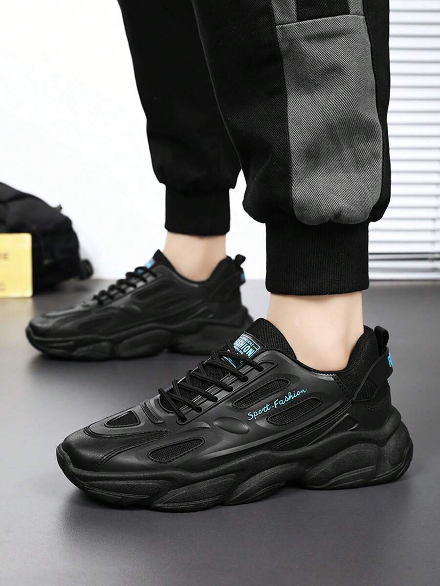 Sepatu Sneakers Chunky Gaya Retro, Patchwork Hitam, Sol Tebal, Peredam Guncangan, Cocok Untuk Lari & Pakaian Kasual, Desain Tali dengan Grafis Huruf - Hitam - View 1