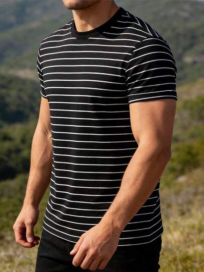 Men's Short Sleeve Polo Shirt, Black & White Striped, Casual Outdoor Sports Versatile Top Summer