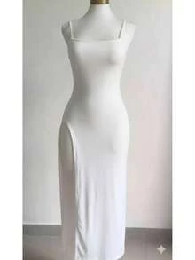 Women's White Long Dress In Spandex With Padded Cups, Open Back, Laced Detail, And Sensual Slit. - 白色 - 查看 1