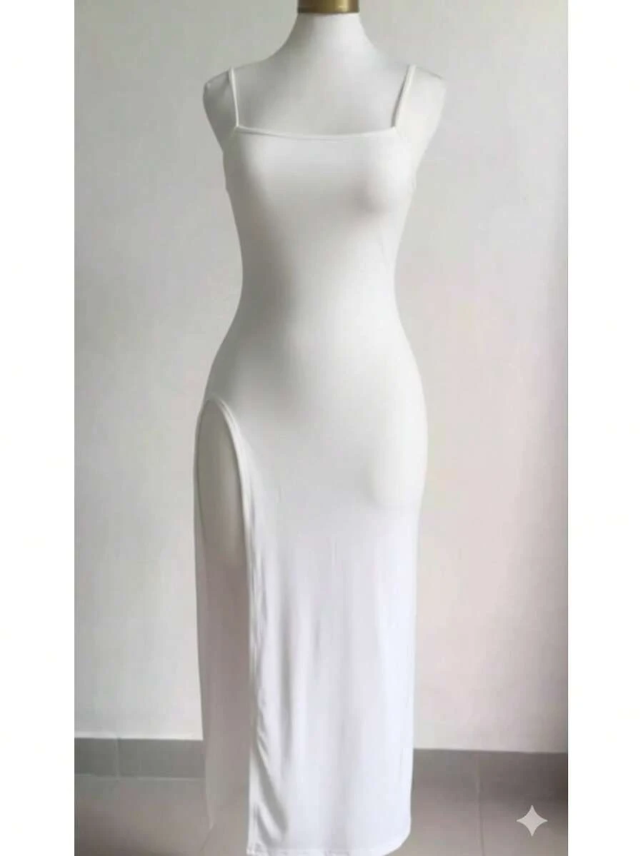Women's White Long Dress In Spandex With Padded Cups, Open Back, Laced Detail, And Sensual Slit. - 白色 - 查看 1