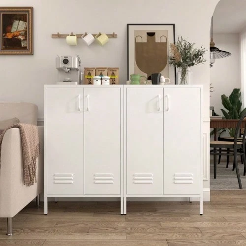 White Steel Storage Cabinet With 2 Doors And 2 Adjustable Shelves, Multifunctional Cabinet For Living Room, Kitchen, Bedroom, Garage Tool Storage And Office File Organization. - 白色 - 查看 1