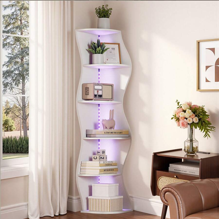 VECELO 5-Tier Corner Bookshelf With LED Light,Corner Shelf,59.3" Tall Standing Shelf Organizer, Wooden Stylish Bookcase Storage Rack For Study, Living Room, Bedroom - 查看 1