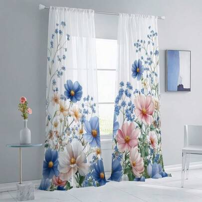 Bộ 2 rèm cửa voan họa tiết hoa dại màu nước, với những bông hoa màu xanh và hồng rực rỡ, thoáng khí, phù hợp cho phòng khách, nhà bếp và phòng ăn. Hoàn hảo cho trang trí mùa xuân, thiết kế túi treo thanh rèm tạo nên bầu không khí tươi mát, gần gũi với thiên nhiên.