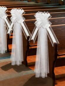 3pcs White Wedding Bow Decor Set - Features White Bow Decorations With Long, Flowing Chiffon Satin Ribbons; Perfect For Decorating Church Aisles, Chairs, And Wedding Cars. An Ideal Decoration Choice For Wedding Ceremonies, Bridal Showers, Birthday Celebrations, Themed Events, And Anniversaries. - One Size Fits All - View 4