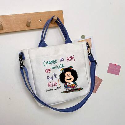 Bolso de mano con frase en español, decorado con estampado de Mafalda - Diseño de texto en español, bolso bandolera/de mano con cierre magnético, lavable a máquina, adecuado para la escuela, el trabajo, los viajes - Bolso con lema español lindo (C Vino Tinto)